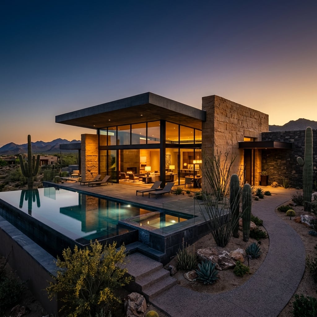 Twilight exterior of a desert-modern luxury home in Cave Creek, Arizona